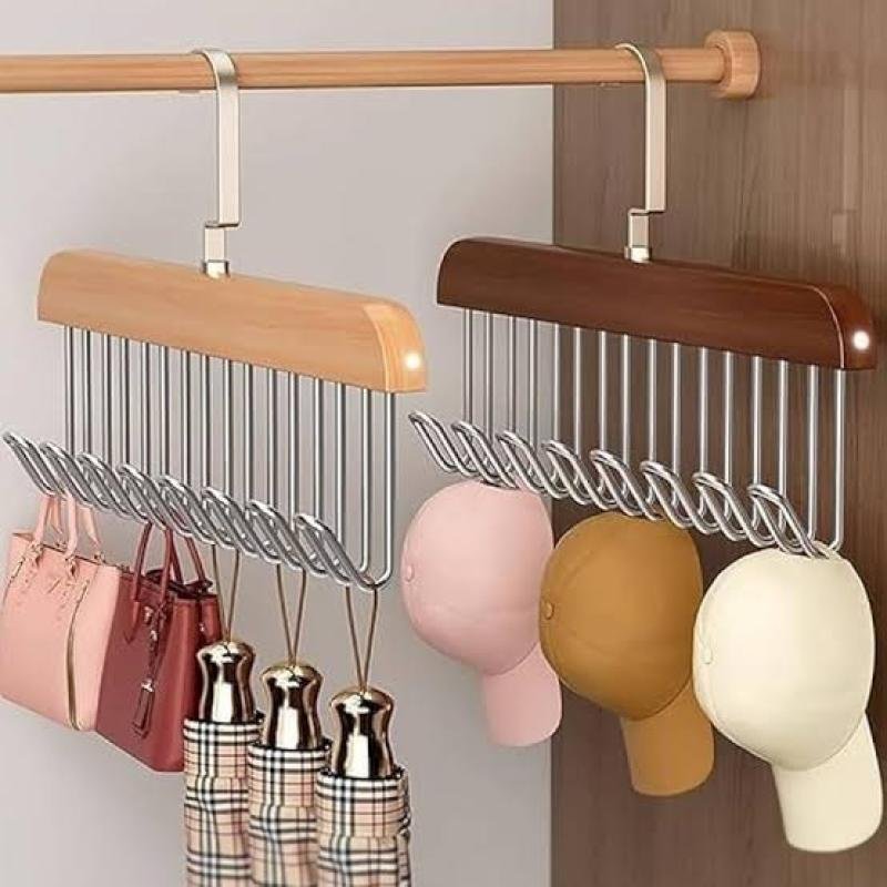 Wooden Closet Hanger Organizer | Space-Saving Rotating Hook Rack for Bags, Caps &amp;amp; Accessories
