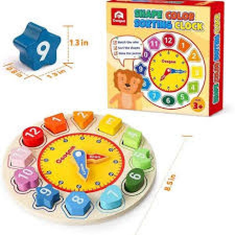 oy Joy Wooden Shape Color Sorting Clock Teaching Time Number Blocks Puzzle Stacking Sorter Jigsaw Montessori Early Learning Educational Toy Gift for Year Old Kids