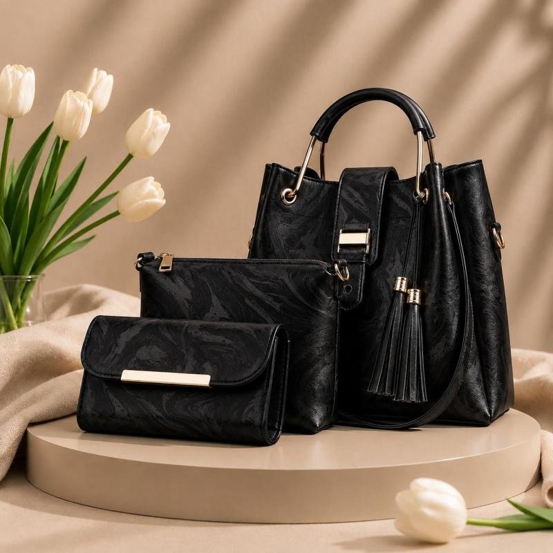 3 Pcs Luxury Women Handbag Set | Premium Leather Tote Bag with Shoulder Bag &amp;amp;amp; Wallet | Stylish Designer Purse Set | All Colours.