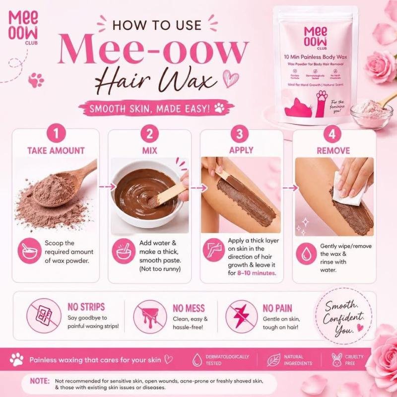 Mee-Oow 10 Min Painless Body Wax Powder | Hair Removal Wax Powder for Women | Easy No-Strip Hair Removal | Smooth Skin Care